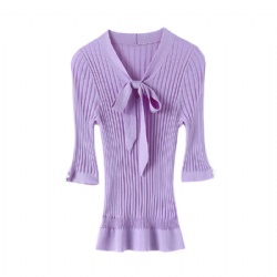 Half sleeve light weight summer tie bow knit top