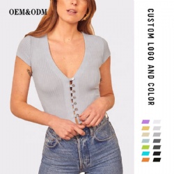 Hot Sale Summer plain color deep v knitting Cardigan sexy t-shirt for women