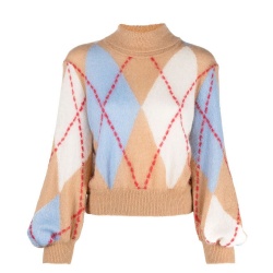 Checkered Argyle Knit Long Sleeve Top Turtle Neck Sweater Women Sweater Knitting Sweaters