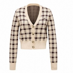 plaid v neck women knitted cardigan