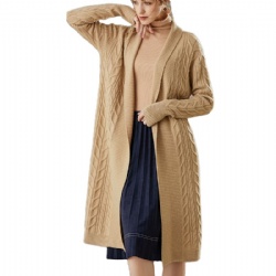 Cable knit womens front open long cardigan