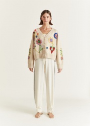 V-neck long sleeve Hand Embroidered Flower Knit Cardigan