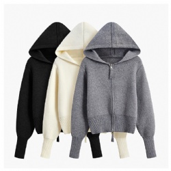 womens zip-up knit short cardigan hoodie