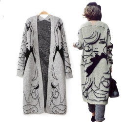 jacquard long front open knit cardigan for women