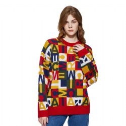 New Design color block Long Sleeve Letter Knit woman jacquard Sweater