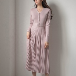 tie belt A line woman elegant pleated knit dress