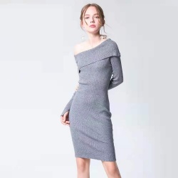 boat neck womens long sleeve black knitted dress