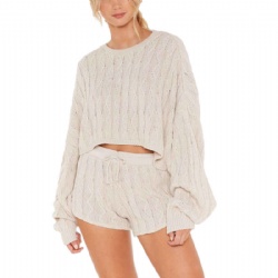 Knitwear shorts batwing sleeve cable knit women sweater 2 peice set suit