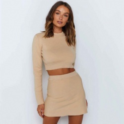 Crew Neck Sweater Set Knitted Bodycon Short Top And Wrap Skirt Two Piece Set For Women