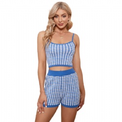 Hot sale jaquard 2 piece set womens knitted tank top and shorts womens knit set