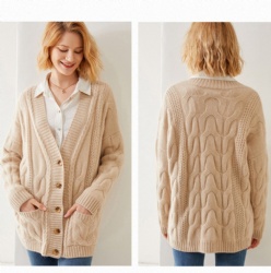 2022 new design thick medium length cable  cardigan womens loose knit cashmere sweater