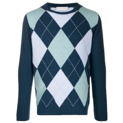 Intarsia V Neck Men's Knitwear Long Sleeve Sweater Diamond Pattern Knit Jumper