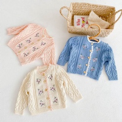 Fall  Winter Baby Girls Sweater Embroidery Knit Cardigan 100%Cotton Kids Knitwear Outwear Coat