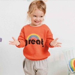 New design fall winter orange knitwear rainbow printing baby girl crew neck sweater kids terry knit top