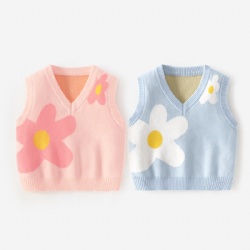 Baby girls jacquard flower knitwear V neck kids knitted vest