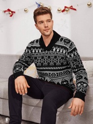 Men Turn-Down Collar Christmas  SweaterJacquard  Single Button  Knitwear