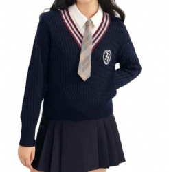 Fashion V neck long sleeve cable knit customized logo high school lady school uniform sweater