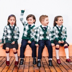 Kid boys and girls school sweater uniform V neck plaid jacquard long sleeve knitwear